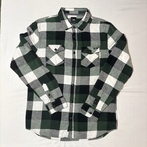 Vans "Box" Flannel Shirt Green, Black & White Plaid Long Sleeves Cotton Large